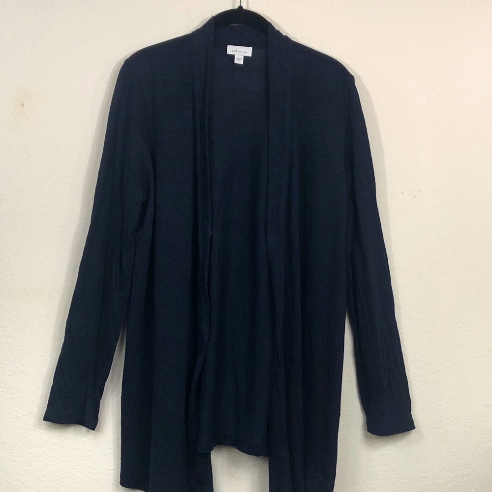 J Jill Love Linen Open Front Long Line Blue Cardigan Sweater Medium